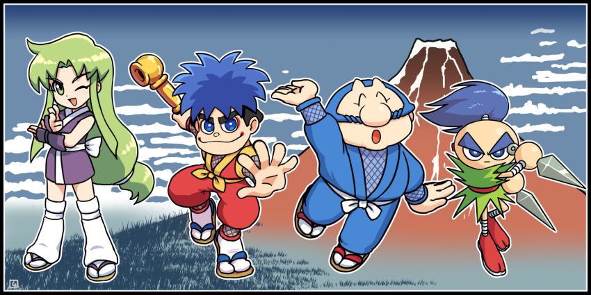 1girl 3boys ;d arm_guards arm_up black_border blue_eyes blue_hair blue_kimono border brown_footwear character_request closed_mouth dual_wielding fishnets forehead ganbare_goemon goemon green_eyes green_hair holding holding_weapon japanese_clothes kimono kunai long_hair mountain multiple_boys muu_(mumumer) one_eye_closed pants purple_kimono red_kimono red_pants sasuke_(ganbare_goemon) smile socks tabi thick_eyebrows very_long_hair weapon white_socks yae_(ganbare_goemon) zouri