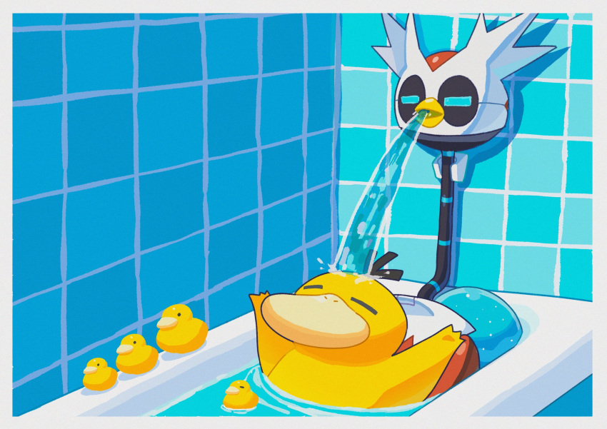 arms_up bathing bathtub border closed_eyes commentary_request highres indoors iron_bundle no_humans pokemon pokemon_(creature) psyduck rubber_duck saiku_(zvlku) solo tile_wall tiles water white_border