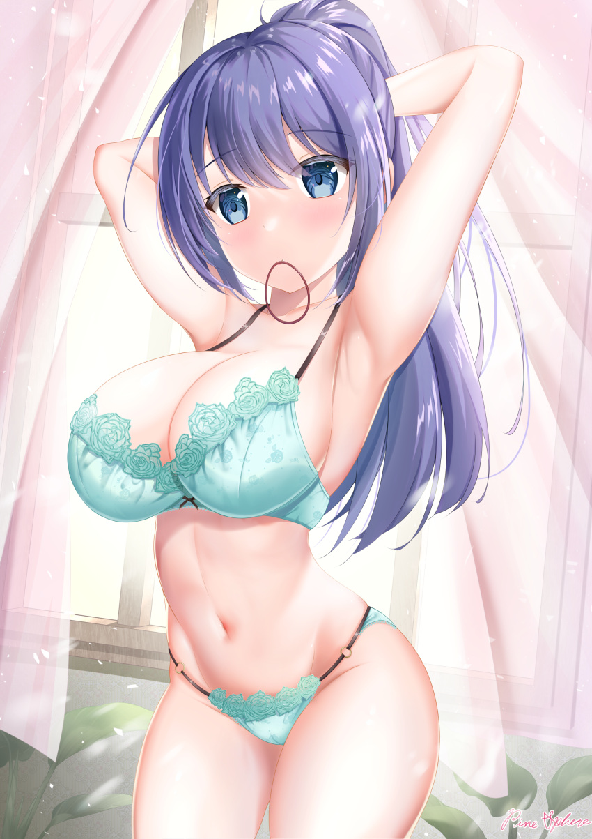 1girl absurdres aqua_bra aqua_panties armpits bangs bare_arms blue_eyes blue_hair blush bra breasts cleavage closed_mouth collarbone commentary_request cowboy_shot curtains day hair_between_eyes hair_tie highres indoors large_breasts looking_at_viewer mouth_hold navel original panties pinesphere ponytail sideboob solo standing stomach tying_hair underwear window