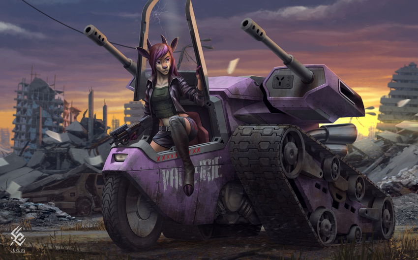 antelope anthro artist_logo artist_name black_horn bovid brown_body brown_hair building cereus93 clothed clothing cloud female full-length_portrait gazelle grass gun hair horn logo mammal multicolored_hair outside pink_eyes pink_fingernails plant portrait post-apocalyptic purple_hair ranged_weapon solo tan_body two_tone_hair vehicle weapon