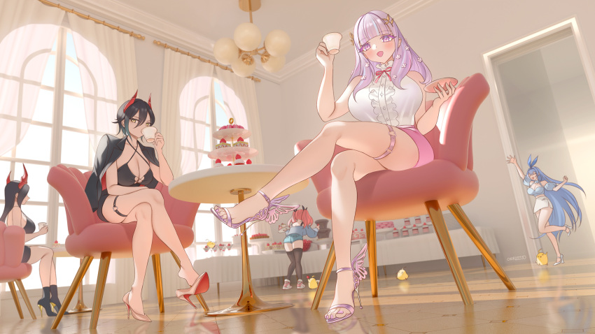 &gt;_&lt; 5girls alternate_costume ankle_boots artist_name ass azur_lane black_dress black_footwear black_hair black_jacket black_thighhighs blue_hair blue_shirt boots breasts bremerton_(azur_lane) brown_footwear cake casual center_frills chair cleavage closed_eyes crossed_legs cup curtains denim denim_shorts detached_sleeves dress drinking flower-shaped_pupils food friedrich_der_grosse_(azur_lane) frills from_behind from_below from_side fruit grey_sweater hair_between_eyes hair_ornament high_heel_boots high_heels highres holding holding_cup horns huge_breasts indoors jacket jacket_on_shoulders lamp large_breasts leaning_forward legs light_purple_hair long_hair long_sleeves manjuu_(azur_lane) mechanical_horns miniskirt multiple_girls new_jersey_(azur_lane) o-ring_strap open_mouth pink_footwear pink_hair pink_skirt plymouth_(azur_lane) puffy_short_sleeves puffy_sleeves purple_eyes red_horns reflective_floor round_table shirt shoe_dangle short_dress short_hair short_sleeves shorts sitting skirt sleeveless sleeveless_shirt standing standing_on_one_leg stiletto_heels strawberry sweater symbol-shaped_pupils table tented_shirt thigh_strap thighhighs tiered_tray toeless_footwear twintails two-tone_footwear ulrich_von_hutten_(azur_lane) very_long_hair white_footwear white_shirt white_skirt window yellow_eyes zzo_(chorizzzzo)