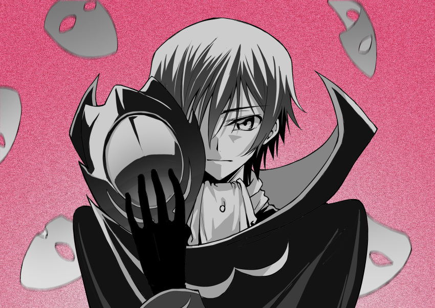 1boy ascot cape closed_mouth code_geass commentary_request expressionless greyscale_with_colored_background hair_between_eyes hand_up high_collar highres holding holding_mask lelouch_lamperouge looking_at_viewer male_focus mask mask_removed monochrome okuseric one_eye_covered short_hair solo straight-on upper_body zero_(code_geass)
