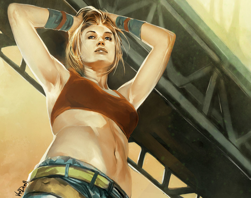 adjusting_hair armpits belt blonde_hair blue_eyes blue_mary close-up daniel_oduber fatal_fury from_below midriff realistic solo tank_top the_king_of_fighters