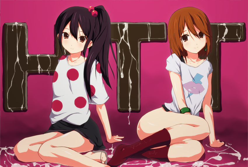 black_hair bottomless brown_eyes brown_hair hair_bobbles hair_ornament hirasawa_yui k-on! kuku_px listen!! long_hair multiple_girls nakano_azusa no_legwear no_panties polka_dot sexually_suggestive short_hair side_ponytail suggestive_fluid