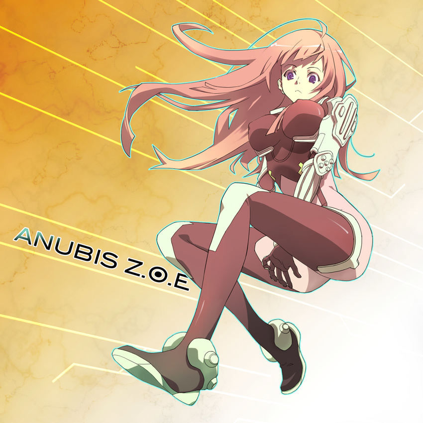 bodysuit breasts covered_nipples highres ken_marinaris large_breasts logi_(logica+physica) long_hair pink_bodysuit pink_hair purple_eyes solo zone_of_the_enders zone_of_the_enders_2