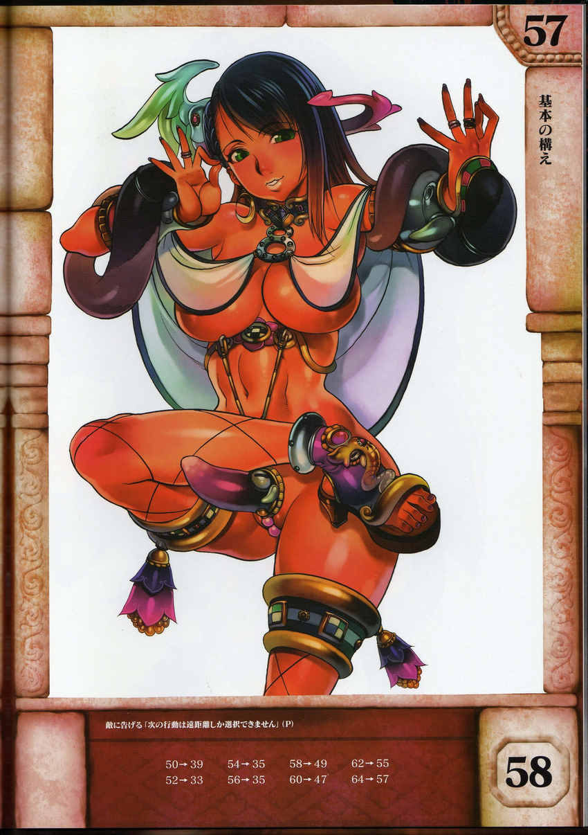 abs absurdres armpits bare_shoulders black_hair bracelet breasts choker cleavage codpiece dark_skin f.s. fishnet_legwear fishnets gradient_hair green_eyes highres jewelry large_breasts lunaluna_(queen's_blade) midriff multicolored_hair navel ok_sign pearl_thong queen's_blade queen's_blade_rebellion revealing_clothes sandals smile solo standing standing_on_one_leg thighhighs underboob