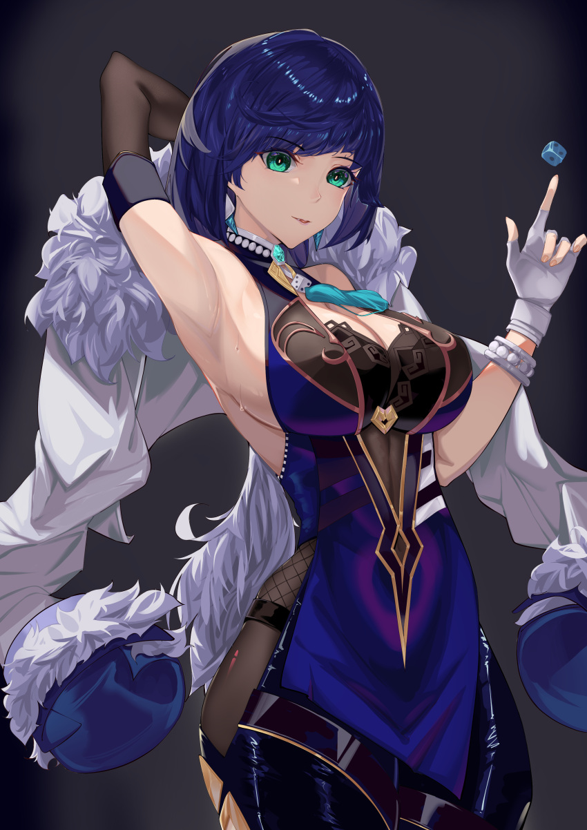1girl absurdres aquarius_cat arm_up armpits bare_shoulders black_background black_gloves blue_hair breasts cleavage commentary_request cowboy_shot dice elbow_gloves fingerless_gloves fur-trimmed_jacket fur_trim genshin_impact gloves green_eyes hand_up highres jacket jacket_on_shoulders large_breasts looking_at_viewer parted_lips short_hair sleeveless solo standing white_gloves white_jacket yelan_(genshin_impact)