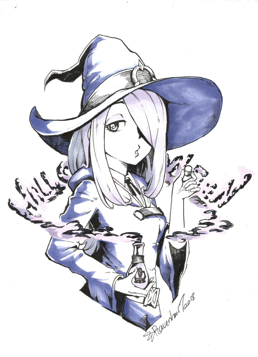 1girl 2018 absurdres breasts commentary cropped_torso dress english_commentary eyeshadow flask hair_over_one_eye hat highres holding holding_flask hooded_dress ink_(medium) little_witch_academia luna_nova_school_uniform makeup marker_(medium) medium_breasts purple_dress purple_eyeshadow purple_hair ravenhart school_uniform signature solo sucy_manbavaran traditional_media upper_body witch_hat