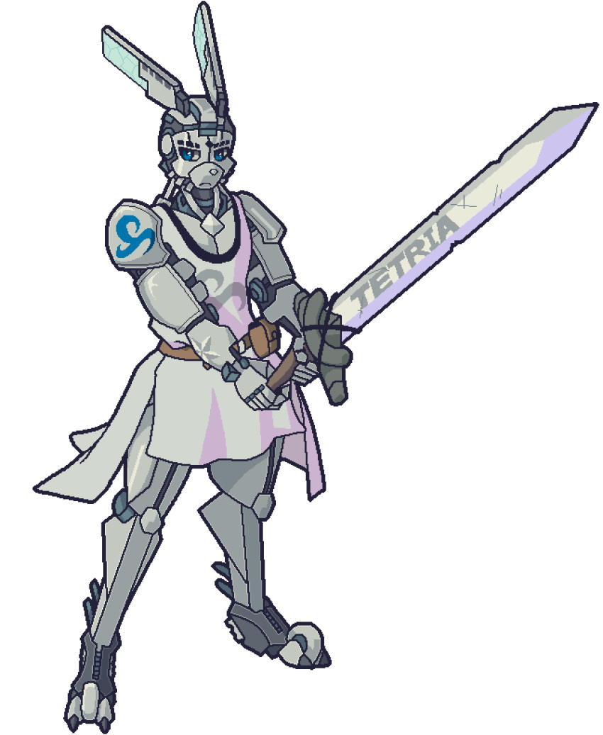 2023 animated anthro arm_tattoo blue_eyes clothed clothing digital_media_(artwork) fighting_pose glare_(lighting) glaring hi_res holding_object holding_sword holding_weapon justice_(miwauturu) lagomorph leporid machine male mammal melee_weapon metallic_body pixel_(artwork) pixel_animation pose rabbit robot shoulder_tattoo solo sword tabard tattoo teddybeer0525 text weapon wheel