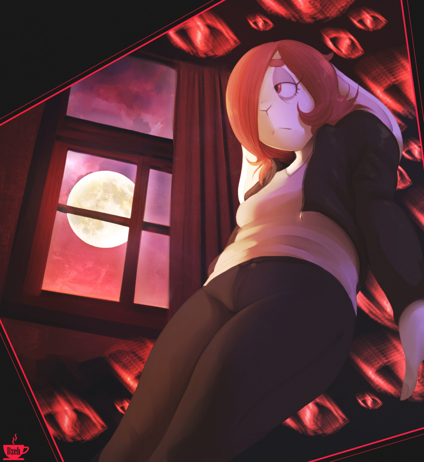 abstract_background andrea_(bzeh) anthro bedroom breasts bzeh clothed clothing ears_back eye_bags eyebrows female hair hi_res inside jacket lagomorph leporid mammal moon pivoted_ears rabbit red_eyes red_hair signature small_breasts solo thick_eyebrows topwear window