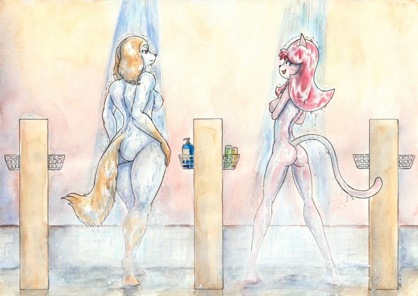aggressive_retsuko anthro borzoi breasts butt canid canine canis cattanooga_cats crossover domestic_cat domestic_dog duo felid feline felis female hair hanna-barbera hi_res hunting_dog inui_(aggressive_retsuko) kitty_jo mammal netflix nipples nude pink_body pink_hair sanrio shower sighthound social_nudity souleatersaku90 steam tagme water wet