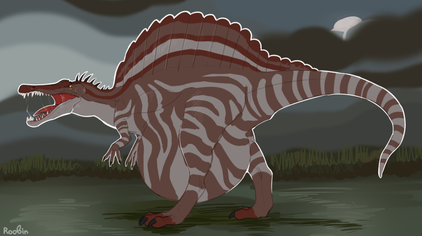 ambiguous_gender belly big_belly bodily_fluids brown_body brown_frill cloud dinosaur dorsal_frill feral frill_(anatomy) full-length_portrait grey_body grey_frill head_spikes hi_res hyper hyper_belly markings neck_spikes open_mouth outside portrait red_tongue reptile roobin saliva saliva_string scalie sharp_teeth side_view signature solo spikes spikes_(anatomy) striped_legs striped_markings striped_tail stripes tail tail_markings teeth tongue