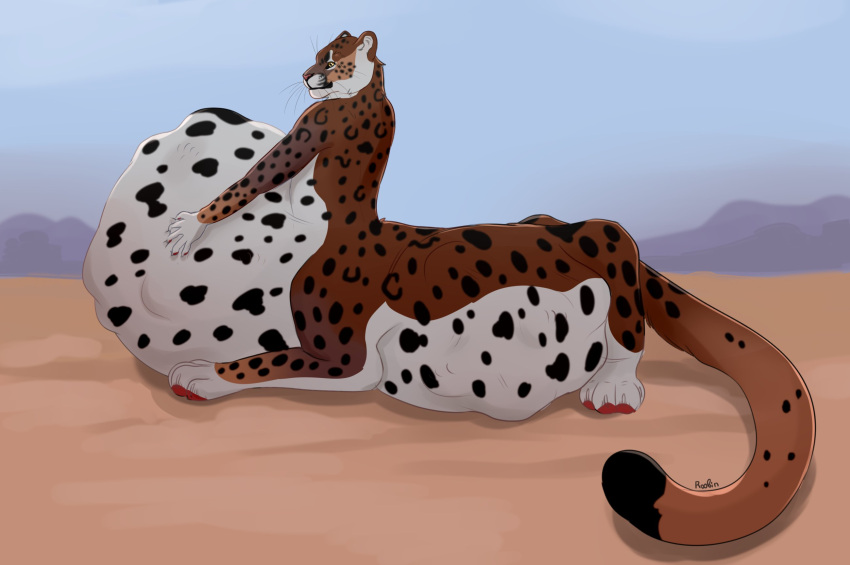 belly big_belly black_spots brown_body dipstick_tail felid felid_taur full-length_portrait hi_res hyper hyper_belly lying male mammal mammal_taur markings mouth_closed no_sclera nude on_front outside pantherine pantherine_taur paw_imprint portrait quadruped roobin side_view signature solo spots spotted_arms spotted_back spotted_belly spotted_body tail tail_markings taur vore whiskers white_body yellow_eyes
