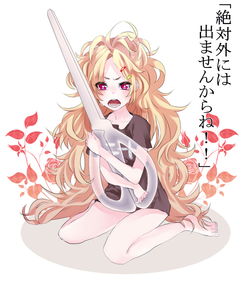 barefoot black_shirt blush crying crying_with_eyes_open eyelashes flower hair_ornament hairclip highres holding holding_scissors kneeling long_hair messy_hair open_mouth oversized_object pink_eyes princess_royale rapunzel rapunzel_(grimm) rose scissors shirt sukedji t-shirt tears very_long_hair white_background