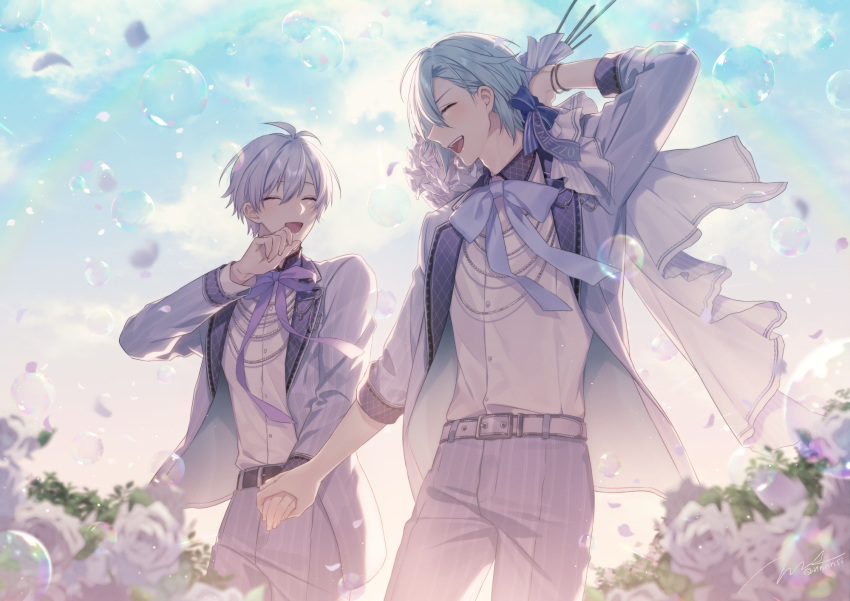 2boys aiue_o_eiua blue_coat blue_hair blue_ribbon blue_sky blush bubble coat flower grey_hair highres holding_hands idolish_7 looking_at_another male_focus matching_outfit mezzo" multiple_boys open_mouth osaka_sougo pink_flower pink_rose ribbon rose shirt short_hair sky white_shirt yaoi yotsuba_tamaki