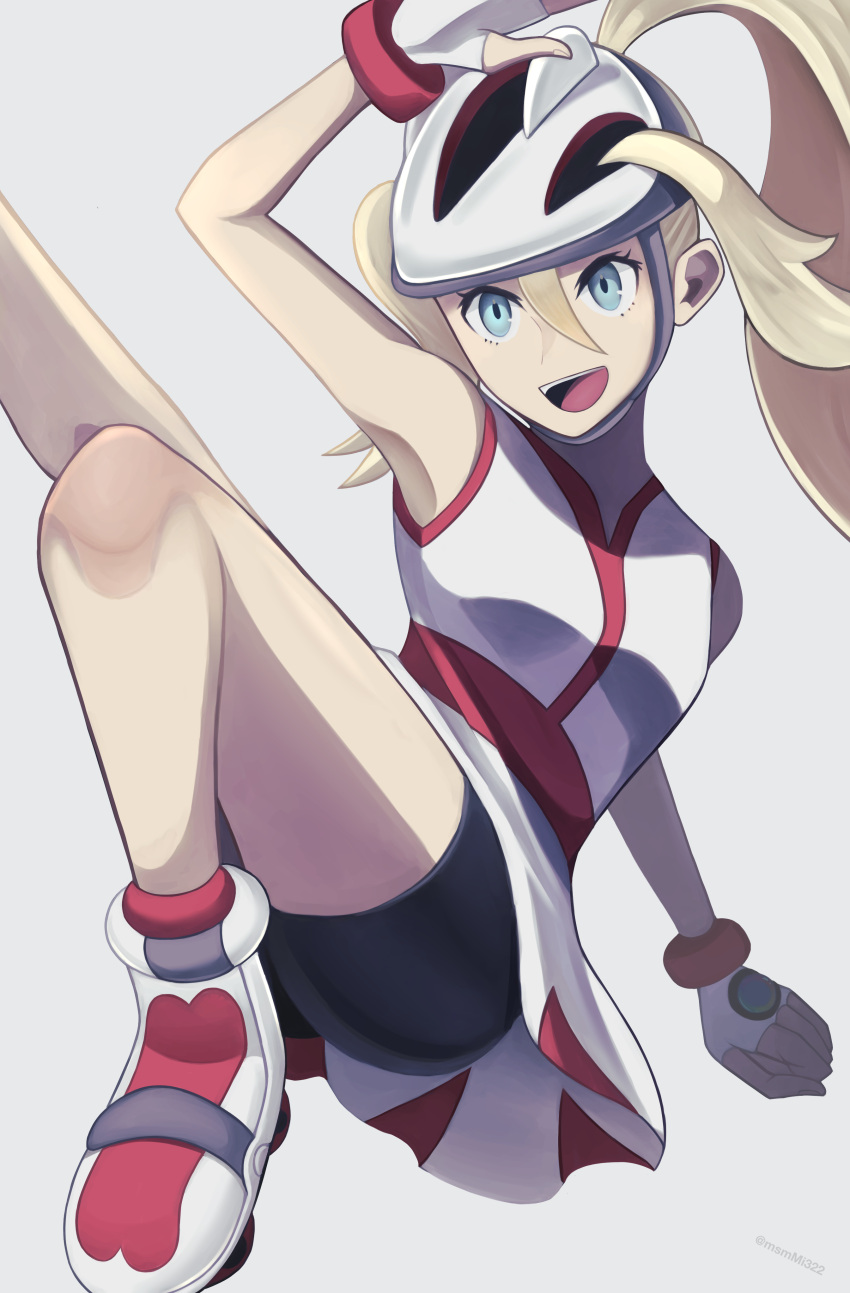 1girl :d absurdres bangs bike_shorts blonde_hair boots clenched_hand commentary_request dress eyelashes fingerless_gloves gloves green_eyes grey_background hair_between_eyes happy helmet highres knees korrina_(pokemon) midzuki_(aimizuai) open_mouth pokemon pokemon_(game) pokemon_xy ponytail roller_skates skates smile solo teeth tongue two_side_up upper_teeth_only white_dress white_footwear white_gloves white_headwear