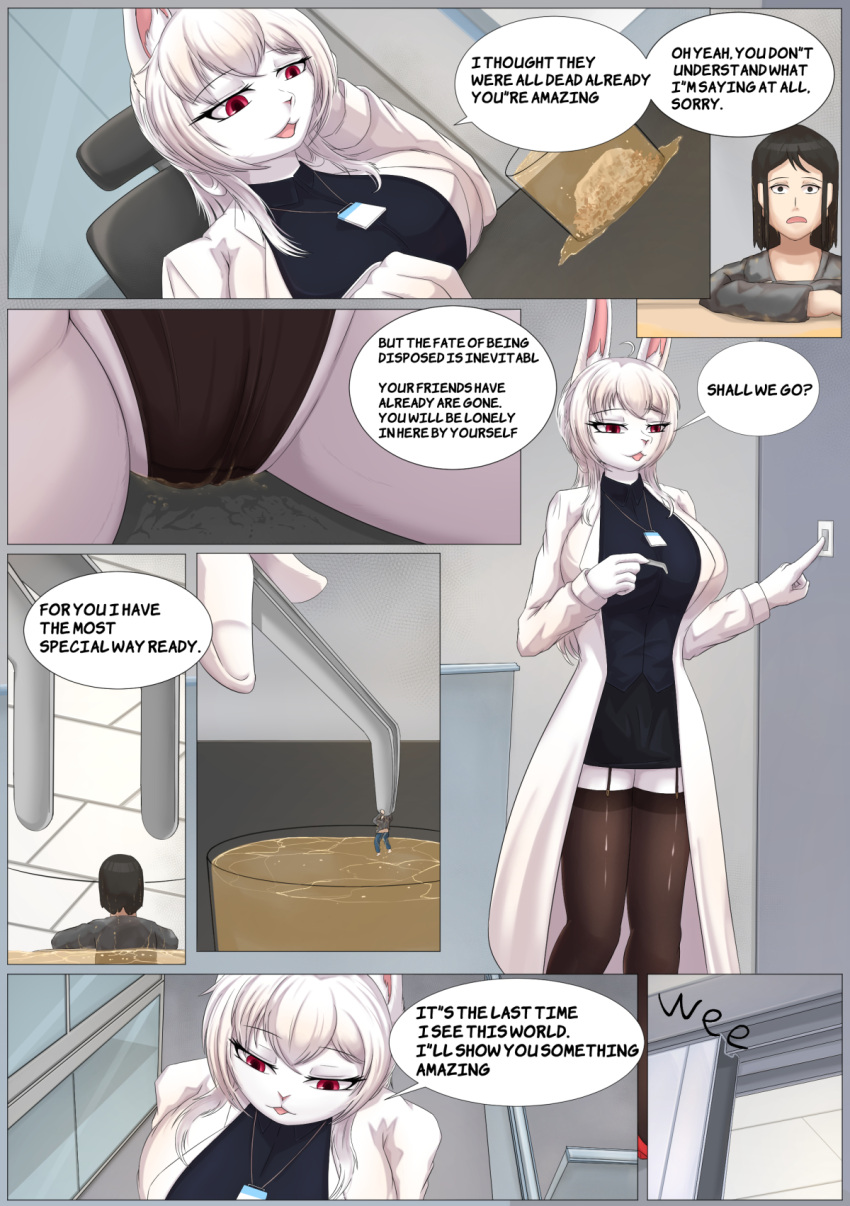 2023 anthro clothed clothing comic dialogue digital_media_(artwork) english_text extreme_size_difference eyebrows eyelashes female fingers hair hi_res human lagomorph legwear leporid mammal micro open_mouth rabbit red_eyes size_difference son2j text white_hair