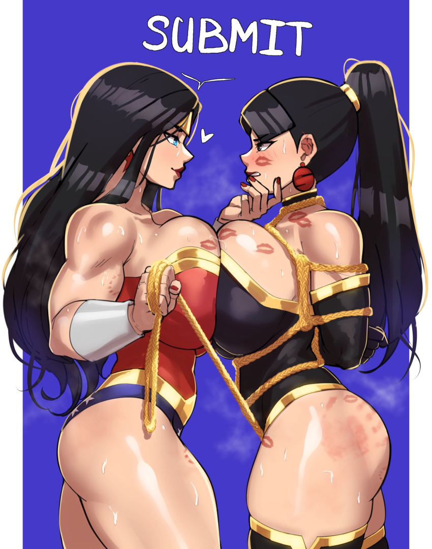 2girls aestheticc-meme arms_behind_back bare_shoulders bite_mark black_gloves black_hair blue_background blue_eyes bracer breasts clenched_teeth commentary dc_comics earrings elbow_gloves english_commentary from_side gloves heart high_ponytail highres holding_another's_head huge_breasts jewelry large_breasts lasso leotard lips lipstick_mark long_hair multiple_girls ponytail red_nails shibari simple_background slap_mark smile steaming_body strapless superhero superwoman sweat sweating_profusely teeth thighhighs tiara wonder_woman yuri