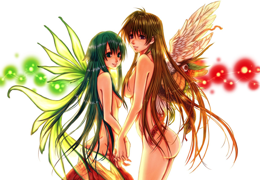 2girls angel_wings ass breasts brown_eyes brown_hair commentary_request completely_nude cowboy_shot crossover eyeball feathered_wings glowing glowing_wings green_hair green_wings guro highres holding_hands interlocked_fingers intestines long_hair looking_at_viewer looking_back medium_breasts monster_girl multiple_girls nude penis purple_eyes saitou_nekoichi saya_(saya_no_uta) saya_no_uta sayonara_wo_oshiete small_breasts smile snake spoilers sugamo_mutsuki tentacles transformation very_long_hair white_background wings