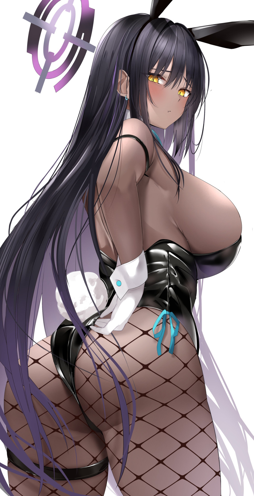 1girl absurdres animal_ears arm_strap ass bangs bare_shoulders bitgiii black_hair black_hairband black_leotard blue_archive blush breasts closed_mouth fake_animal_ears fake_tail fishnet_pantyhose fishnets from_behind gloves gradient_hair hairband halo highres karin_(blue_archive) karin_(bunny)_(blue_archive) large_breasts leotard looking_at_viewer looking_back multicolored_hair pantyhose purple_hair rabbit_ears rabbit_tail simple_background solo tail white_background white_gloves yellow_eyes