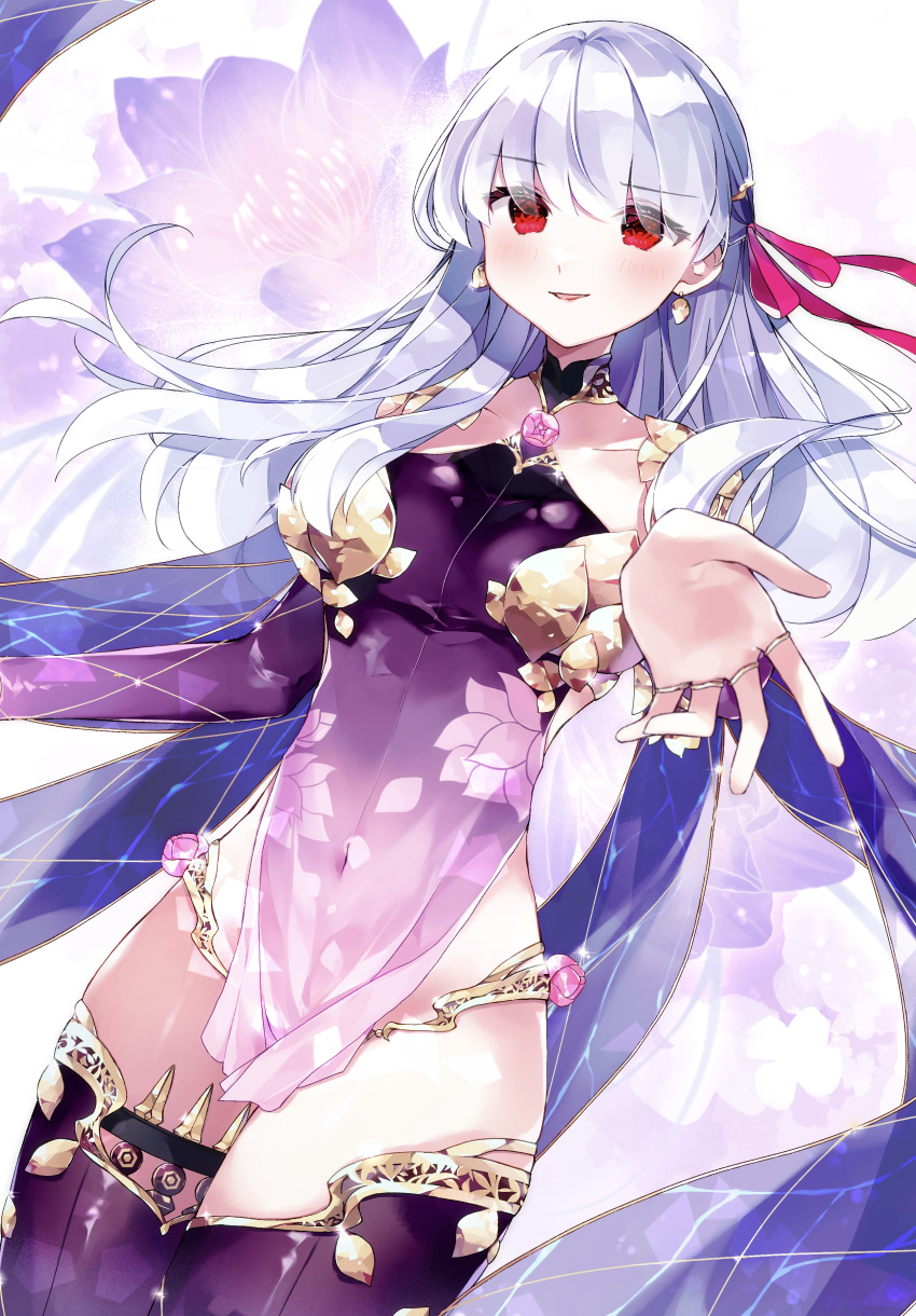 1girl absurdres armlet armor bangs bare_shoulders bikini_armor blush bracelet breasts collar detached_sleeves dress earrings fate/grand_order fate_(series) floral_print hair_ribbon highres jewelry kama_(fate) large_breasts long_hair looking_at_viewer metal_collar misaki346 outstretched_arm pelvic_curtain purple_dress purple_sleeves purple_thighhighs red_eyes ribbon ring smile solo thighhighs thighlet thighs white_hair