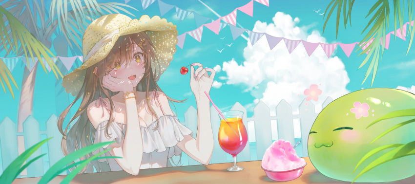 :3 :d absurdres ahoge bare_shoulders blue_sky bowl bracelet breasts brown_hair cherry cleavage cloud cup dress drinking_glass drinking_straw elbows_on_table fence flower food frilled_dress frills fruit green_eyes hair_ornament hand_on_own_cheek hand_on_own_face hat head_rest highres holding holding_food holding_fruit hurricane_glass indie_virtual_youtuber jewelry looking_at_food medium_breasts miori_celesta mogu_(miori_celesta) musical_note musical_note_hair_ornament off-shoulder_dress off_shoulder open_mouth palm_tree shaved_ice sky slime_(creature) smile star_(symbol) star_in_eye straw_hat string_of_flags symbol_in_eye treble_clef tree virtual_youtuber water white_dress