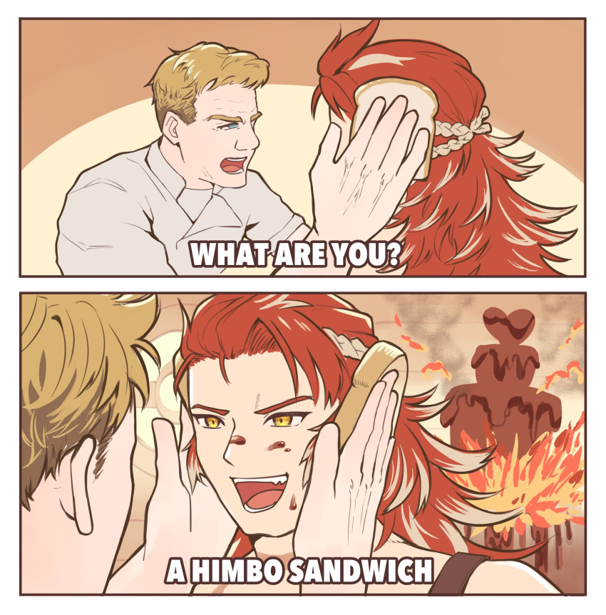 2boys blonde_hair bread bread_slice cake chef chocolate_cake english_text food food_on_face gordon_ramsay granblue_fantasy hell's_kitchen highres holding holding_food idiot_sandwich_(meme) long_hair looking_at_another male_focus meme multicolored_hair multiple_boys ooedogyuudon open_mouth real_life red_hair shirt short_hair smile two-tone_hair upper_body white_hair white_shirt wilnas_(granblue_fantasy)