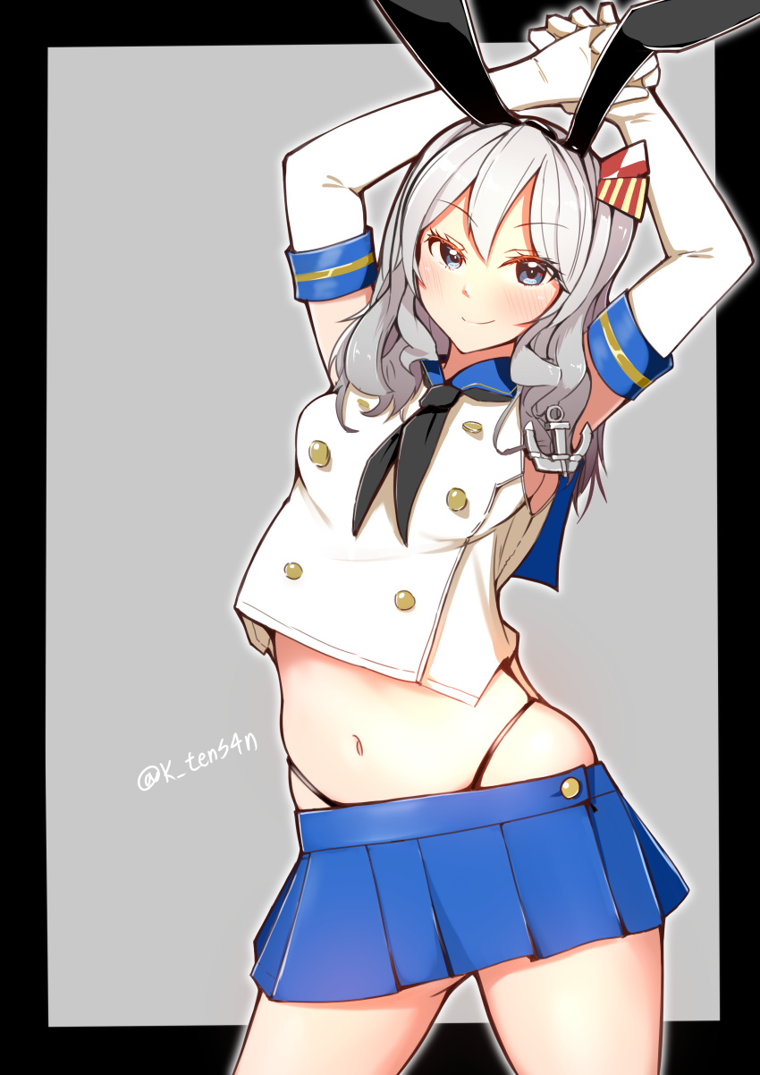 1girl absurdres alternate_hairstyle anchor_hair_ornament arms_up black_hairband black_neckerchief black_panties blue_eyes blue_skirt breasts cosplay cowboy_shot crop_top elbow_gloves gloves grey_hair hair_ornament hairband highleg highleg_panties highres kantai_collection kashima_(kancolle) katsuten looking_at_viewer medium_breasts miniskirt navel neckerchief panties photo-referenced pleated_skirt revision sailor_collar shimakaze_(kancolle) shimakaze_(kancolle)_(cosplay) sidelocks skirt smile solo standing striped thong underwear wavy_hair white_gloves