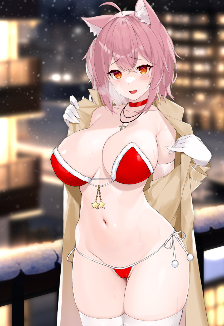 1girl :d absurdres ahoge amane_chikaze animal_ear_fluff animal_ears bare_shoulders bikini blurry breasts breath brown_coat cameltoe choker cleavage coat collarbone cowboy_shot depth_of_field elbow_gloves fur_trim gloves highres indie_virtual_youtuber jewelry large_breasts long_sleeves looking_at_viewer mole mole_under_eye nakamura_nagare navel necklace off_shoulder open_clothes open_coat open_mouth orange_eyes pink_hair red_bikini red_choker santa_bikini short_hair side-tie_bikini_bottom skindentation smile snowing solo standing stomach strapless strapless_bikini sweat swimsuit thigh_gap thighhighs thighs virtual_youtuber white_gloves white_thighhighs