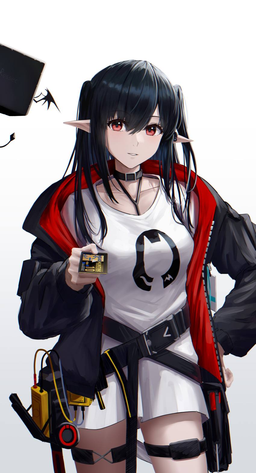 1girl absurdres arknights bangs black_hair black_jacket blush closure_(arknights) collar collarbone cowboy_shot creature dress hand_on_hip headhunting_permit_(arknights) highres holding jacket long_hair long_sleeves looking_at_viewer open_clothes open_jacket parted_lips pointy_ears red_eyes ressec simple_background smile solo thigh_strap two_side_up unzipped white_background white_dress