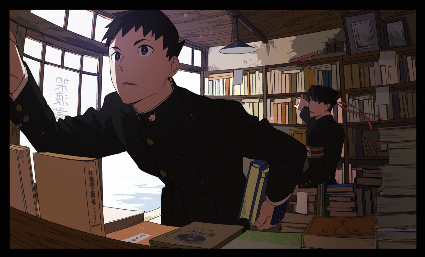 2boys ace_attorney armband black_hair black_jacket book book_stack bookshelf bookstore buttons ceiling_light headband highres holding holding_book indoors jacket kazuma_asogi long_sleeves looking_at_another male_focus multiple_boys officinale_t picture_frame red_headband ryunosuke_naruhodo shop short_hair the_great_ace_attorney window wooden_ceiling