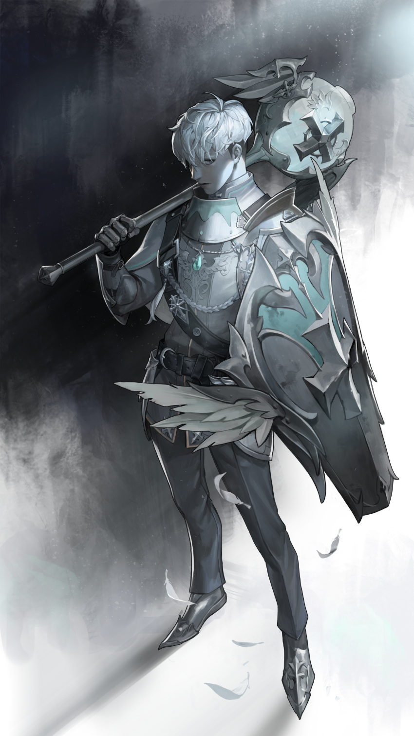 1boy absurdres armor feathers full_body gauntlets grey_eyes highres holding holding_shield holding_weapon looking_at_viewer male_focus nose original over_shoulder rare1 shield short_hair solo standing weapon weapon_over_shoulder white_hair