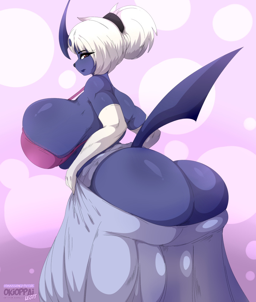 absol absurd_res anthro armwear big_breasts big_butt blue_body bra breasts butt clothing dress elbow_gloves female generation_3_pokemon gloves hair handwear hi_res horn looking_at_viewer mouth_closed nintendo okioppai pokemon pokemon_(species) solo standing tail underwear white_hair