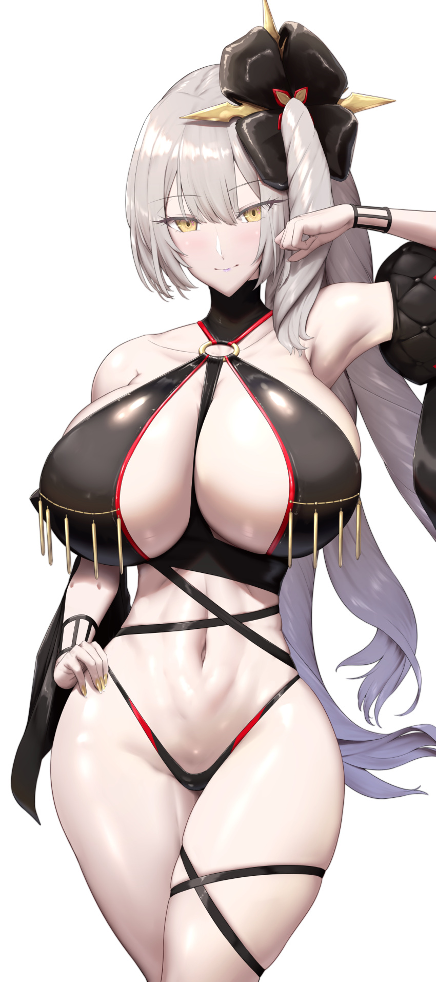 1girl absurdres bangs bare_shoulders bikini black_bikini breasts cleavage collarbone criss-cross_halter fate/grand_order fate_(series) hair_ornament halterneck highleg highleg_bikini highres huge_breasts long_hair looking_at_viewer marie_antoinette_(alter)_(fate) marie_antoinette_(fate) navel o-ring pale_skin shiroshisu side_ponytail smile solo swimsuit thigh_strap thighs very_long_hair white_hair yellow_eyes