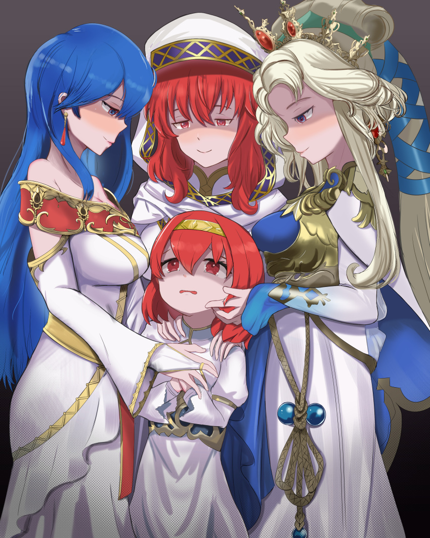 4girls absurdres bare_shoulders blonde_hair blue_eyes blue_hair breasts commission corruption crying crying_with_eyes_open dark_persona detached_sleeves dress elice_(fire_emblem) evil_smile female_child fire_emblem fire_emblem:_mystery_of_the_emblem hand_in_another's_hair highres large_breasts lena_(fire_emblem) long_hair long_sleeves looking_at_another looking_down maria_(fire_emblem) multiple_girls nyna_(fire_emblem) possessed red_eyes red_hair scared shaded_face shincito smile tearing_up tears veil very_long_hair wavy_mouth white_dress you_gonna_get_raped