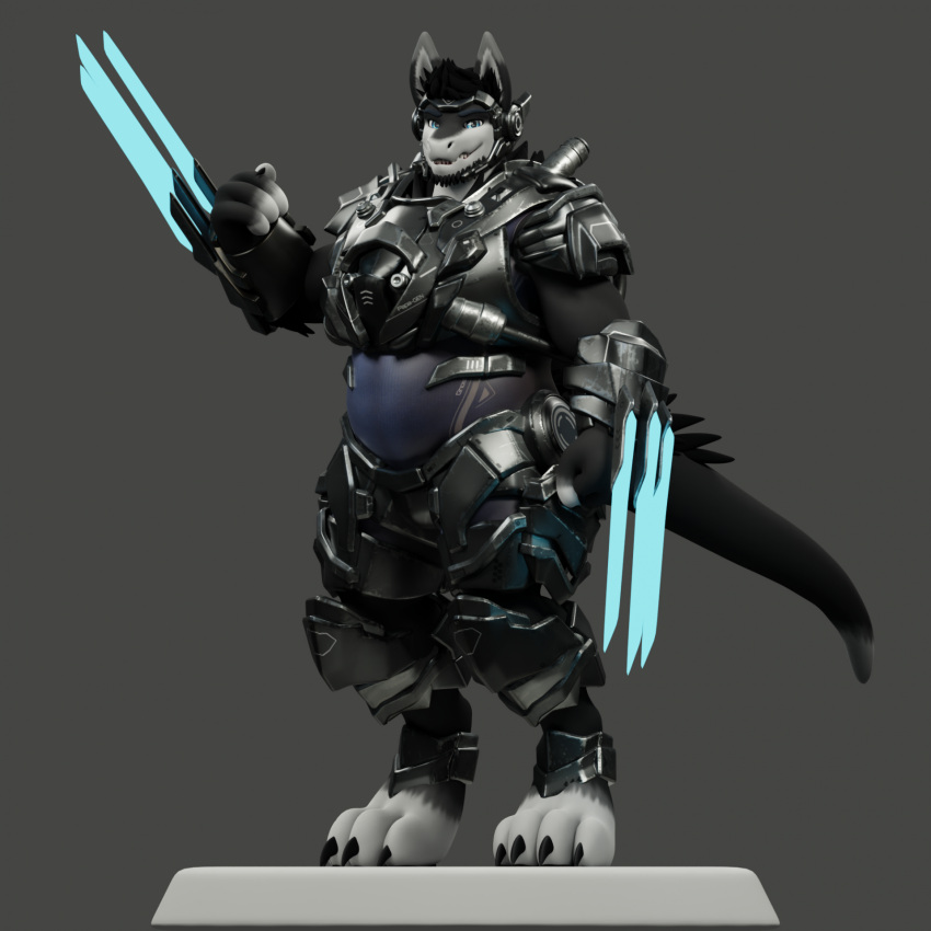 4_fingers 4_toes anthro armor beard blade blades blue_eyes claws energy_weapon exposed_belly facial_hair feet fingers fur grey_background grey_body grey_fur grinning_at_viewer hi_res looking_at_viewer machine male model_sheet pedestal pose pral_(the_tao_swordsman) protogen simple_background solo tail the_tao_swordsman thick_tail toe_claws toes white_face_paint wide_shoulders