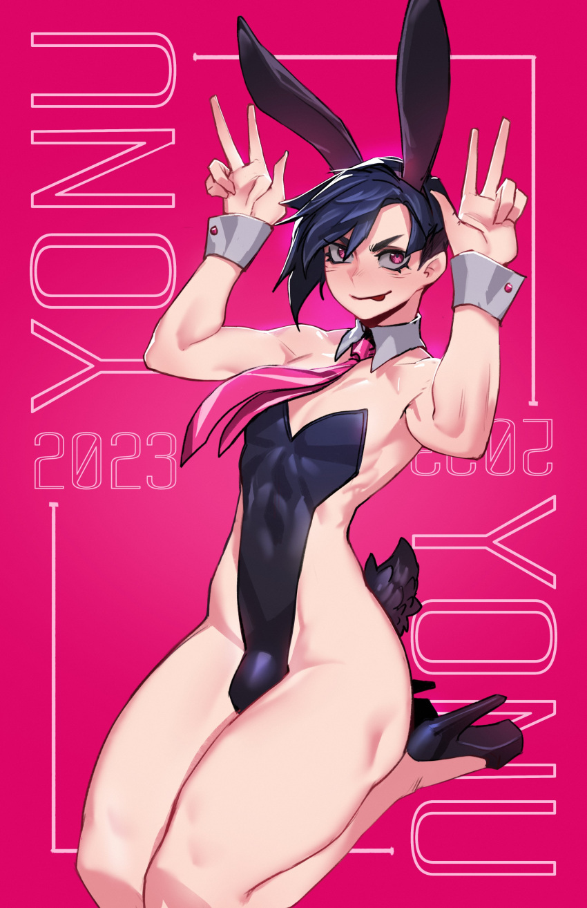 1boy 2023 :p absurdres animal_ears bangs bare_arms bare_legs black_footwear black_hair black_leotard borrowed_character bulge character_name commentary crossdressing detached_collar double_w english_commentary fake_animal_ears hands_up high_heels highres leotard less looking_at_viewer male_focus male_playboy_bunny necktie original otoko_no_ko pink_background pink_necktie purple_eyes rabbit_ears rabbit_tail seiza shoes short_hair sideless_outfit simple_background sitting smile solo swept_bangs tail thighs toned toned_male tongue tongue_out w wrist_cuffs yonu_(qtori)