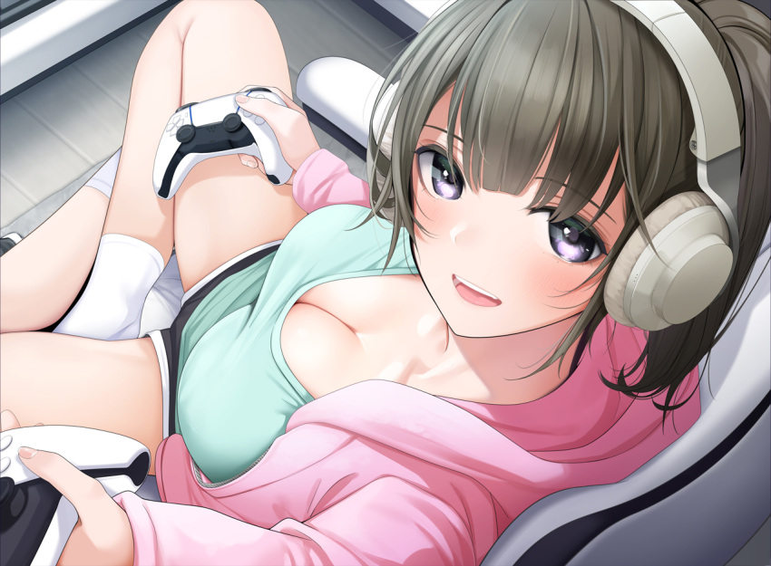 1girl bangs blush breasts chair cleavage collarbone commentary commentary_request controller downblouse fed_(giba) full_body game_console game_controller gaming_chair hair_between_eyes hair_over_eyes headphones indian_style indoors jacket large_breasts light_brown_hair looking_at_viewer medium_hair no_shoes open_clothes open_jacket open_mouth original partial_commentary pink_jacket playstation_5 purple_eyes short_shorts shorts sitting socks solo thighs