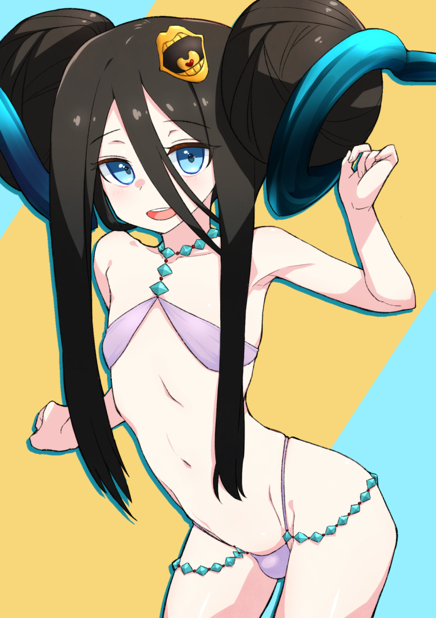 1boy :d bare_shoulders bikini black_hair blue_eyes blush bulge crossdressing hair_between_eyes hair_ornament highres horns long_hair looking_at_viewer male_focus missile_(pixiv) navel open_mouth paimon_(p&amp;d) puzzle_&amp;_dragons smile solo swimsuit teeth