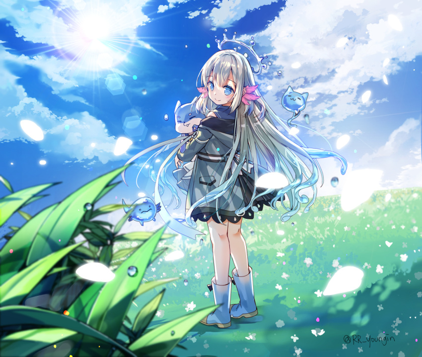 1girl axolotl bangs blue_eyes blue_footwear blue_sailor_collar blue_sky boots closed_mouth cloud cloudy_sky day from_behind grass grey_hair grey_jacket halo head_fins highres hood hood_down hooded_jacket jacket jin_young-in lee_on looking_at_viewer looking_back nijisanji nijisanji_kr off_shoulder open_clothes open_jacket outdoors sailor_collar sky smile solo standing sun virtual_youtuber