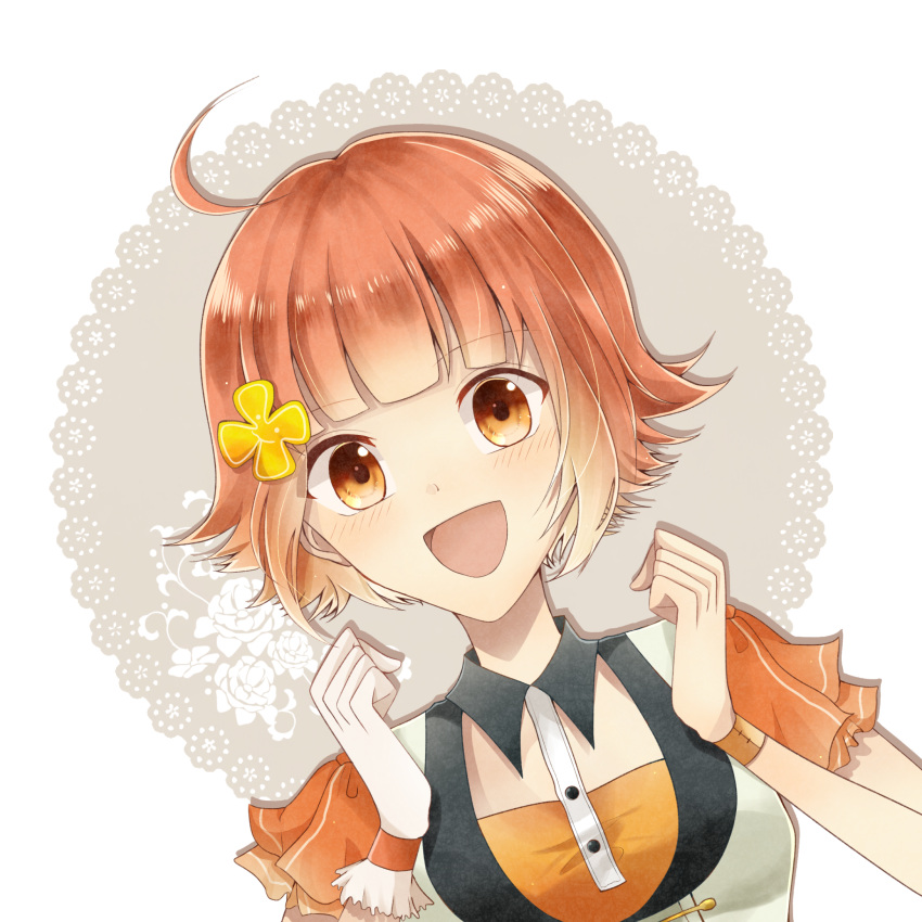1girl blush highres lace_background looking_at_viewer multicolored_background open_mouth orange_eyes orange_hair orange_shirt purple_background shirt short_hair short_sleeves smile solo togawa_chisa tsukino_talent_production tsukiuta vest white_background white_vest yuramero67