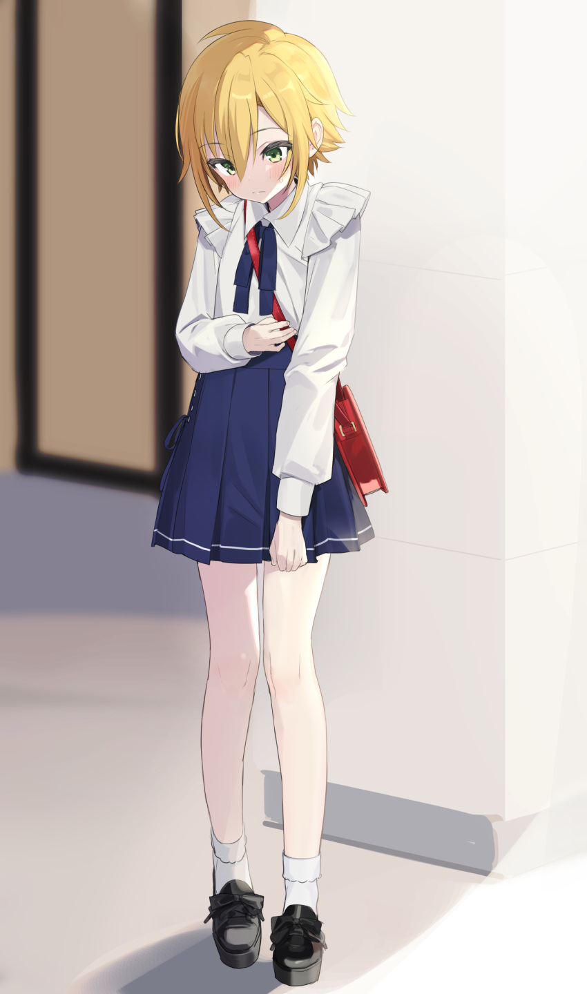 1boy absurdres bag bangs black_footwear blonde_hair blue_ribbon blue_skirt blush crossdressing full_body fuubuu green_eyes hair_between_eyes highres loafers long_sleeves looking_away looking_down male_focus miniskirt nijisanji otoko_no_ko pleated_skirt ribbon school_bag school_uniform shirt shoes short_hair skirt skirt_tug solo standing sweatdrop uzuki_kou virtual_youtuber white_shirt