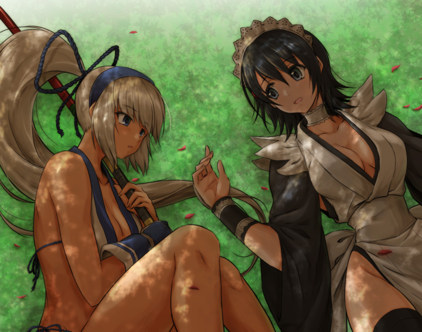 2girls black_hair bow_(weapon) breasts dark-skinned_female dark_skin from_above grass iroha_(samurai_spirits) itouei long_hair looking_at_another lying maid maid_headdress maid_leotard majikina_mina multiple_girls on_back on_grass samurai_spirits sarong snk weapon white_hair white_sarong yuri