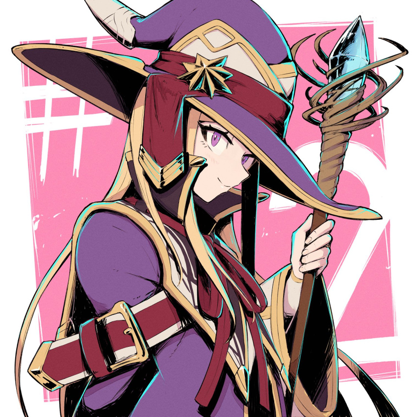 1girl belt_buckle blonde_hair buckle closed_mouth from_side hat hat_ornament highres holding holding_staff kuroi_susumu long_hair long_sleeves looking_at_viewer looking_to_the_side mage_staff ningen_fushin_no_boukensha-tachi_ga_sekai_wo_sukuu_you_desu purple_eyes purple_headwear purple_robe robe smile solo staff star_(symbol) star_hat_ornament tiana_(ningen_fushin) upper_body wide_sleeves wizard wizard_hat