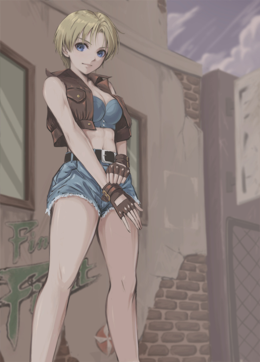 1girl absurdres blonde_hair blue_bra blue_eyes bra brown_vest denim denim_shorts final_fight fingerless_gloves gloves highres lucia_morgan short_hair shorts street_fighter tyanoki underwear vest