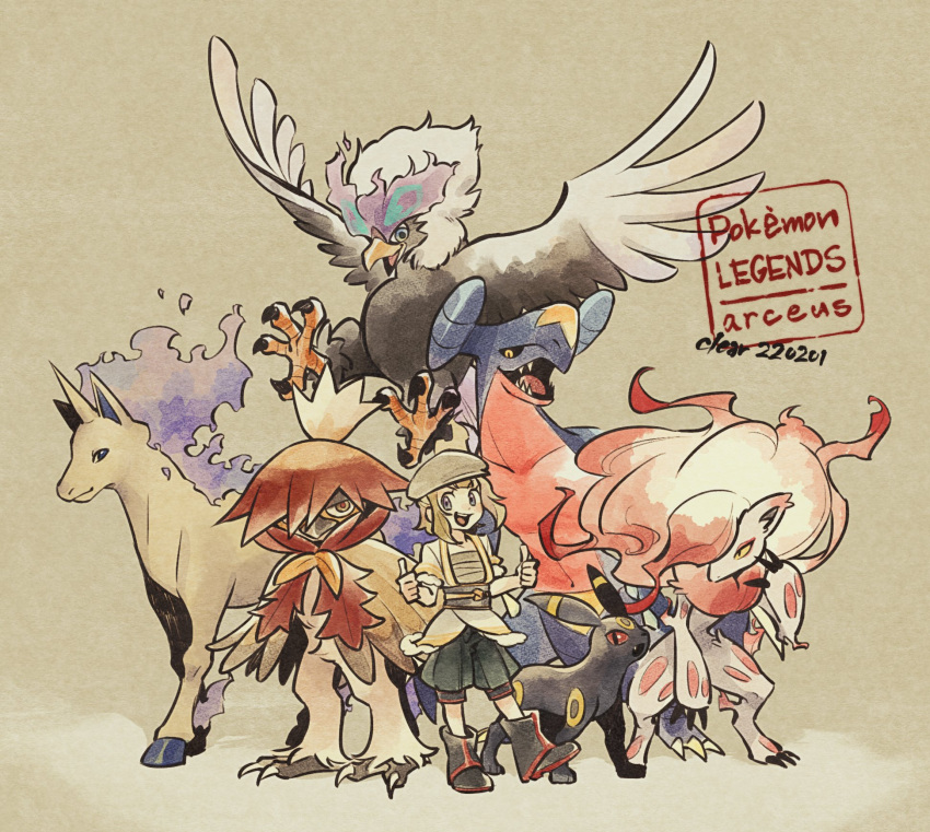 1girl :d akari_(pokemon) alternate_color beak bird black_footwear black_sclera black_shorts blonde_hair blue_eyes brown_eyes chest_sarashi claws colored_sclera double_thumbs_up eagle fang fire fox full_body fur-trimmed_sleeves fur_trim garchomp grey_headwear grey_sash half-closed_eyes hat highres hisuian_braviary hisuian_decidueye hisuian_zoroark horns open_mouth owl pokemon pokemon_(creature) pokemon_(game) pokemon_legends:_arceus puffy_shorts purple_fire rapidash red_eyes red_pupils sarashi sash sharp_teeth shiny_pokemon short_sleeves shorts single_horn smile solo talons teeth thumbs_up ukata umbreon unicorn upper_teeth_only yellow_eyes