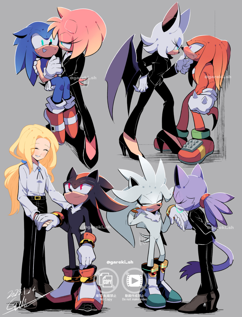 4boys 4girls amy_rose assertive_female bat_girl blaze_the_cat boots carrying couple formal furry furry_female furry_male gareki_sh gloves grey_background hand_on_another's_chin high_heels highres holding_hands kiss kissing_hand knuckles_the_echidna maria_robotnik multiple_boys multiple_girls princess_carry rouge_the_bat shadow_the_hedgehog silver_the_hedgehog smile sonic_(series) sonic_the_hedgehog spiked_gloves suit wings