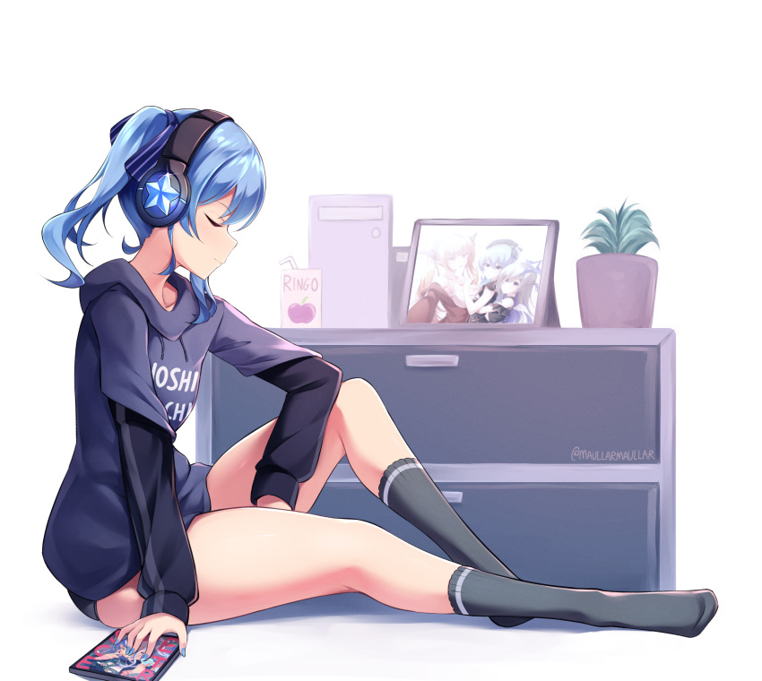 1girl absurdres amane_kanata apple black_panties black_socks blue_hair blue_nails cd_case chest_of_drawers closed_eyes closed_mouth clothes_writing food from_side fruit full_body glint hair_ribbon headphones highres hololive hood hood_down hooded_sweater hoshimachi_suisei juice_box kiryu_coco legs light_smile maullarmaullar panties picture_frame plant potted_plant ribbon side_ponytail simple_background sitting socks solo star_(symbol) sweater thighs underwear virtual_youtuber white_background