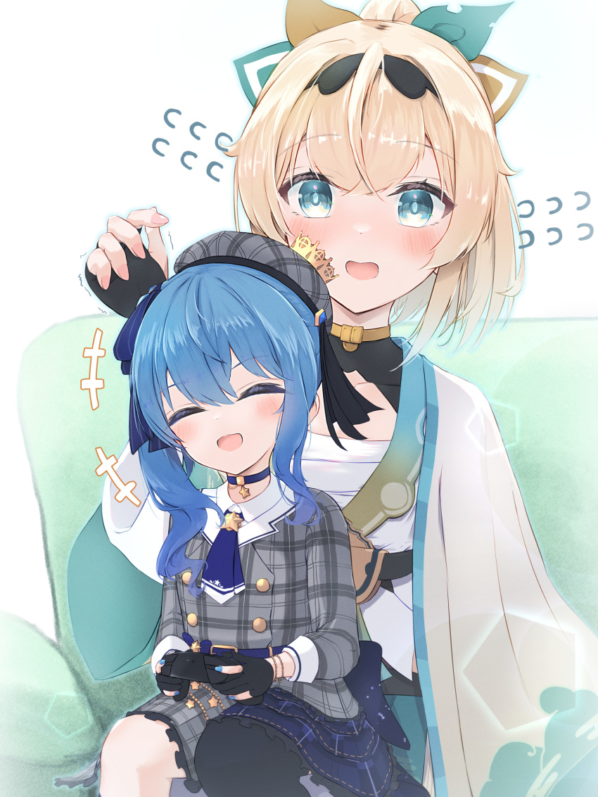 2girls aged_down black_hairband blonde_hair blue_eyes blue_hair blue_nails blue_ribbon blush child closed_eyes controller dress fingerless_gloves flying_sweatdrops game_controller gloves grey_dress grey_headwear hairband haori highres holding holding_controller hololive hoshimachi_suisei japanese_clothes kazama_iroha long_hair long_sleeves multiple_girls open_mouth pink_nails plaid plaid_dress playing_games ponytail ribbon side_ponytail sidelocks single_thighhigh sitting sitting_on_lap sitting_on_person smile thighhighs trembling virtual_youtuber yasei_no_nora