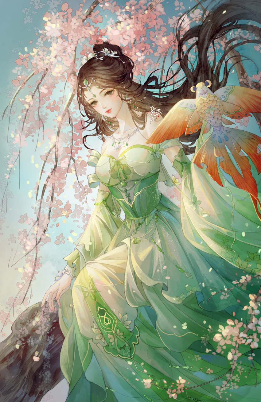 1girl absurdres artist_request baiguio_(zhu_xian) bare_shoulders blue_sky branch brown_hair cherry_blossoms closed_mouth detached_sleeves dress earrings falling_petals green_dress hair_bun hair_ornament highres holding_kite jewelry long_hair long_sleeves necklace petals second-party_source sitting sky solo zhu_xian